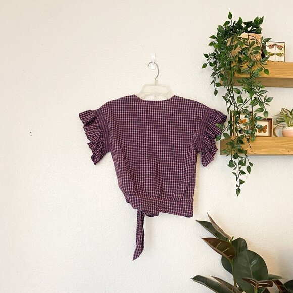 ☀️ MADEWELL Flutter-Sleeve Side-Tie Wrap Top in Plaid XS Crop Casual Boho Cute - Picture 6 of 6